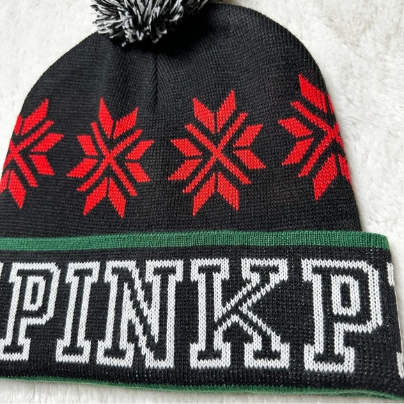 NWOT PINK VS Logo Holiday Pom Beanie Black Women’s OS - Picture 3 of 7